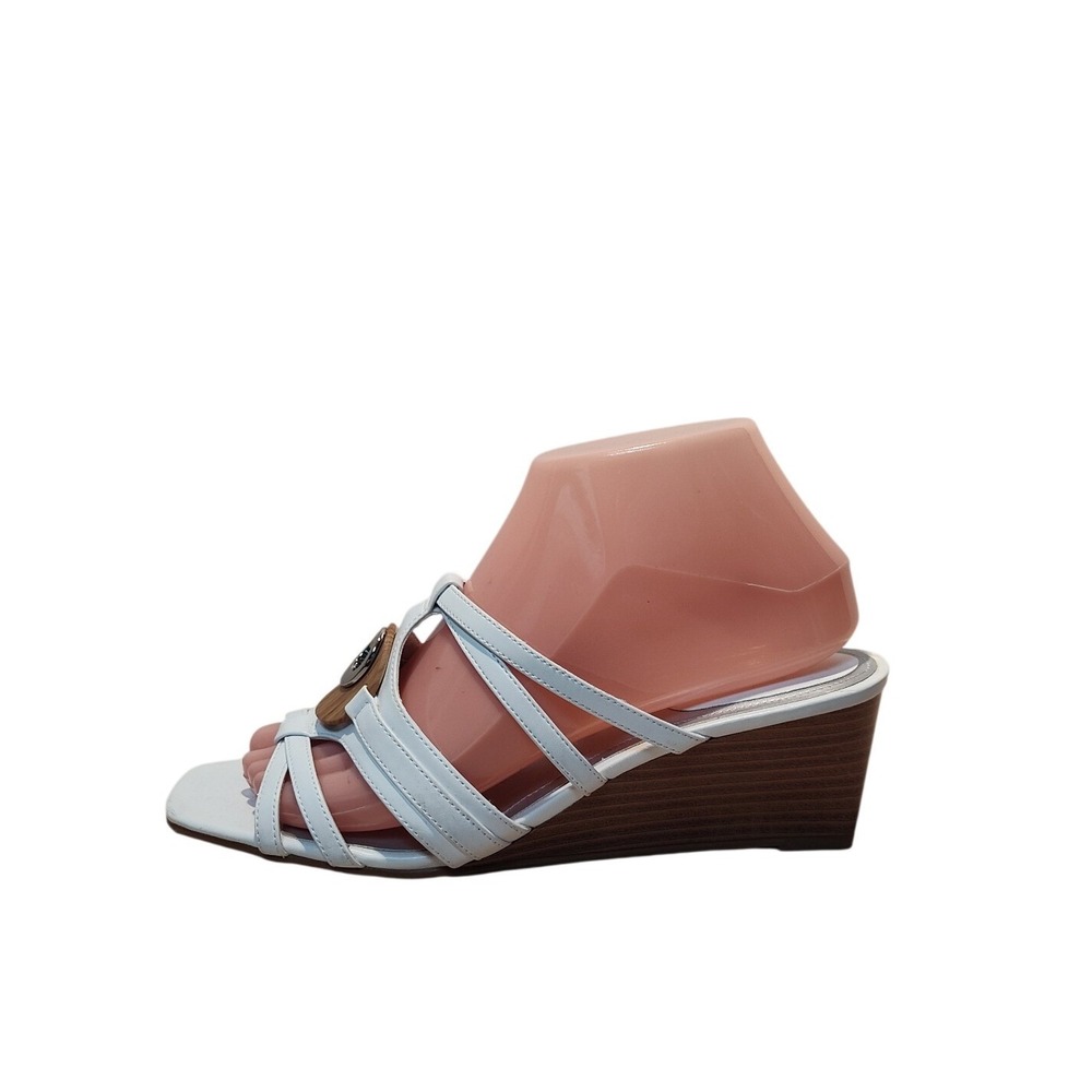 East 5th Womens 8 M White Strappy Wedge Sandals Wood Accent Slip On Slide‎ Shoes